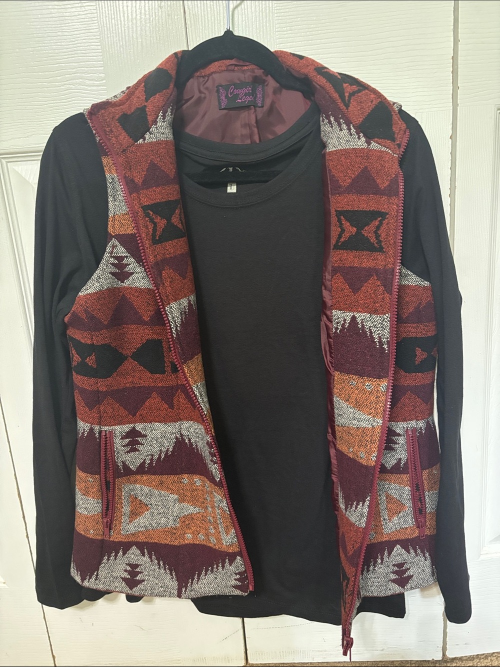 Southwestern Zip-Up Hooded Vest in Rust & Black Long Sleeve Shirt